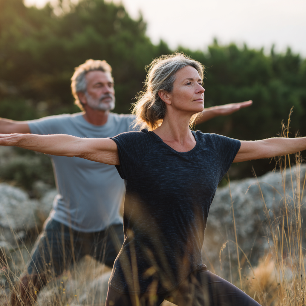 Middle-aged adults practicing gentle movement exercises in natural setting